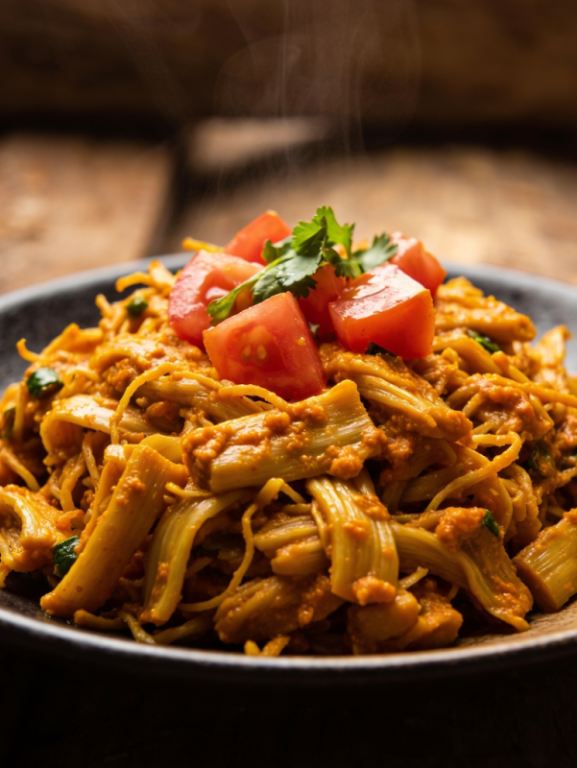 carne de jaca vegano desfiada temperada com curry servida em prato de cerâmica escura com ervas frescas