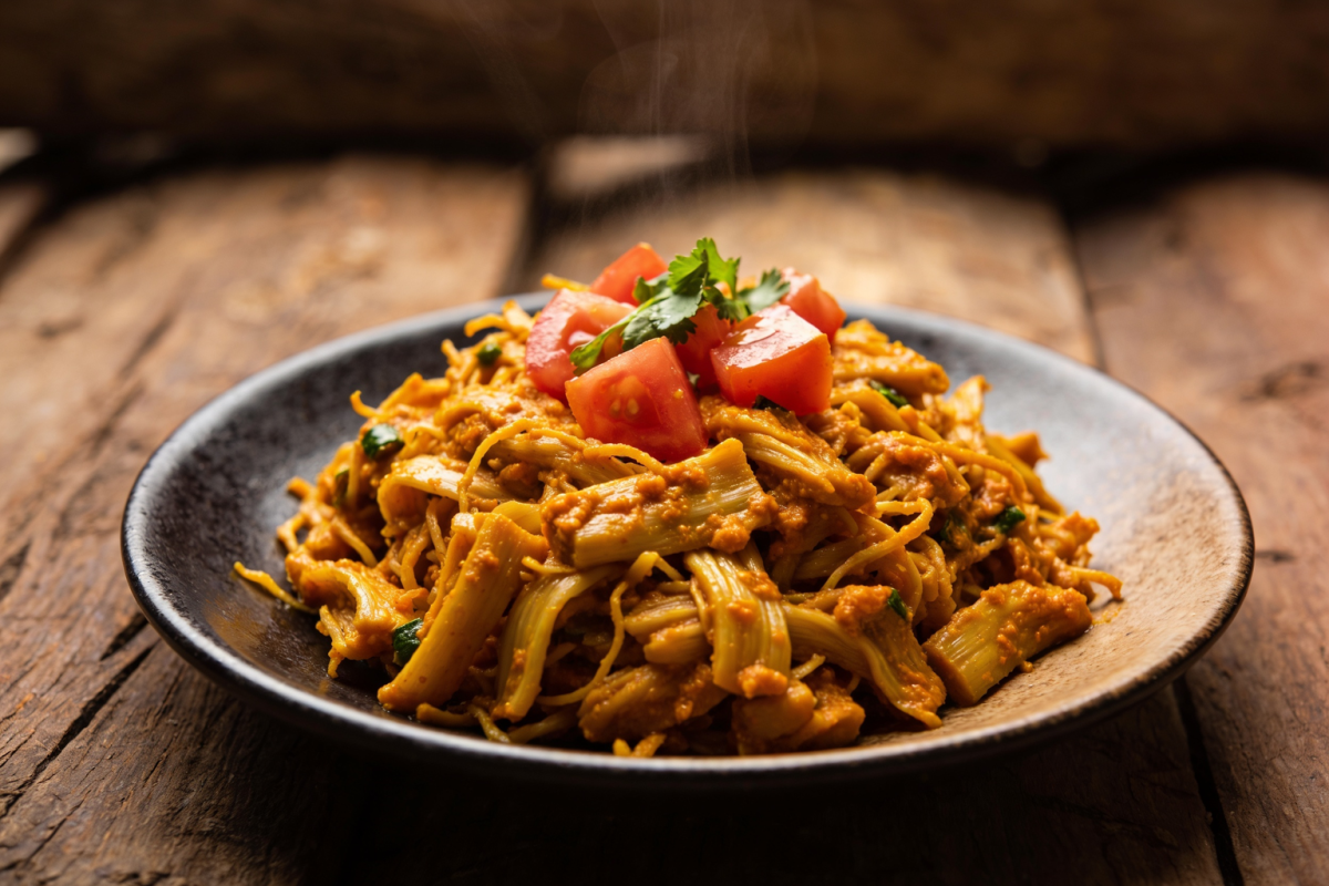 carne de jaca vegano desfiada temperada com curry servida em prato de cerâmica escura com ervas frescas