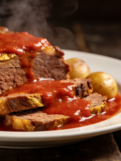 carne de panela fácil fatiada com molho de tomate e batatas em prato branco