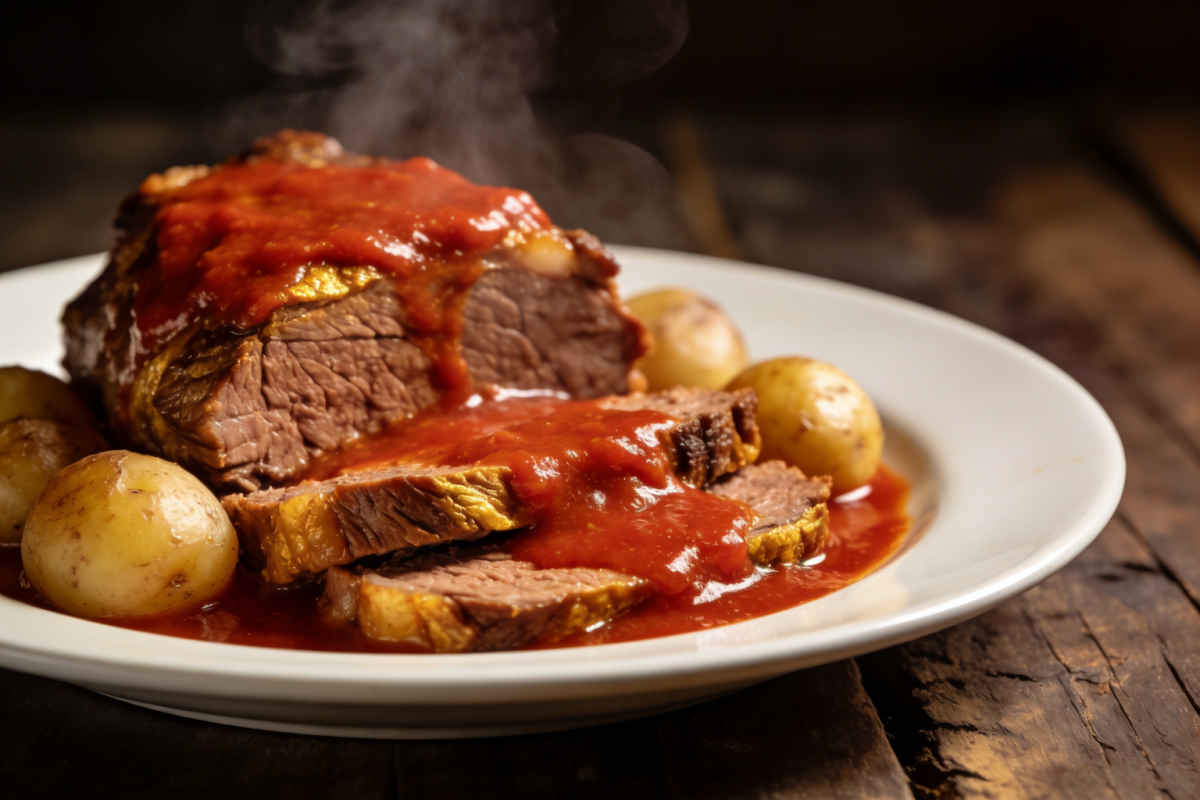 carne de panela fácil fatiada com molho de tomate e batatas em prato branco