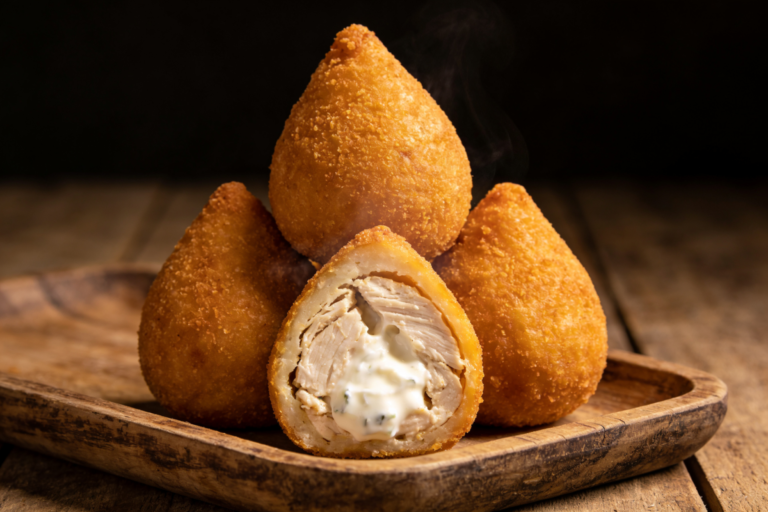 coxinha de frango cremosa dourada e crocante cortada ao meio mostrando recheio cremoso com requeijão