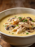 Cumbuca de creme de frango defumado cremoso com milho e champignon, vapor subindo e cheiro verde salpicado