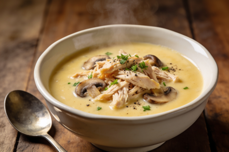 Cumbuca de creme de frango defumado cremoso com milho e champignon, vapor subindo e cheiro verde salpicado