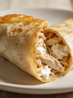 Crepioca fitness crocante dobrada ao meio com recheio de frango e cottage em prato branco