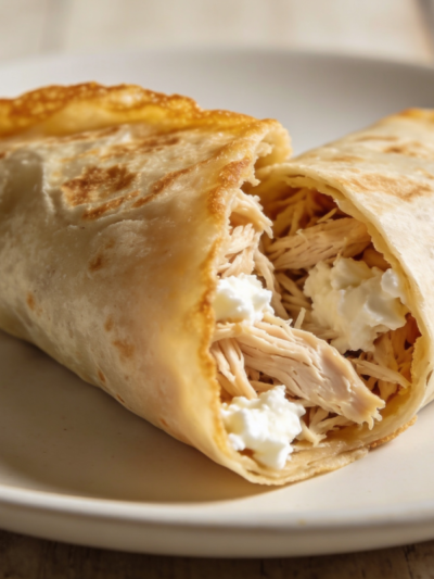 Crepioca fitness crocante dobrada ao meio com recheio de frango e cottage em prato branco