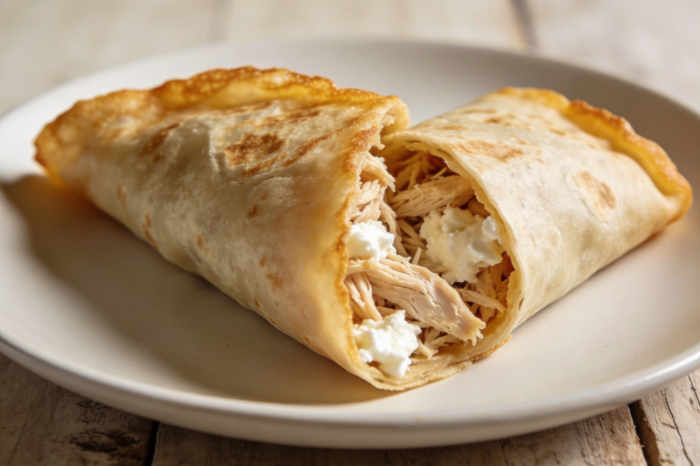 Crepioca fitness crocante dobrada ao meio com recheio de frango e cottage em prato branco