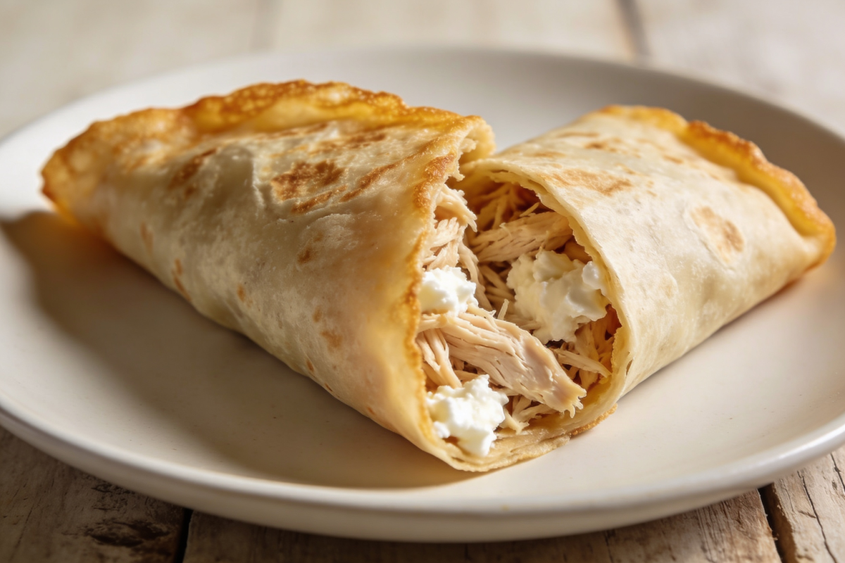 Crepioca fitness crocante dobrada ao meio com recheio de frango e cottage em prato branco