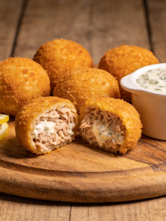 croquetes de atum dourados e crocantes servidos em bandeja com molho e limão