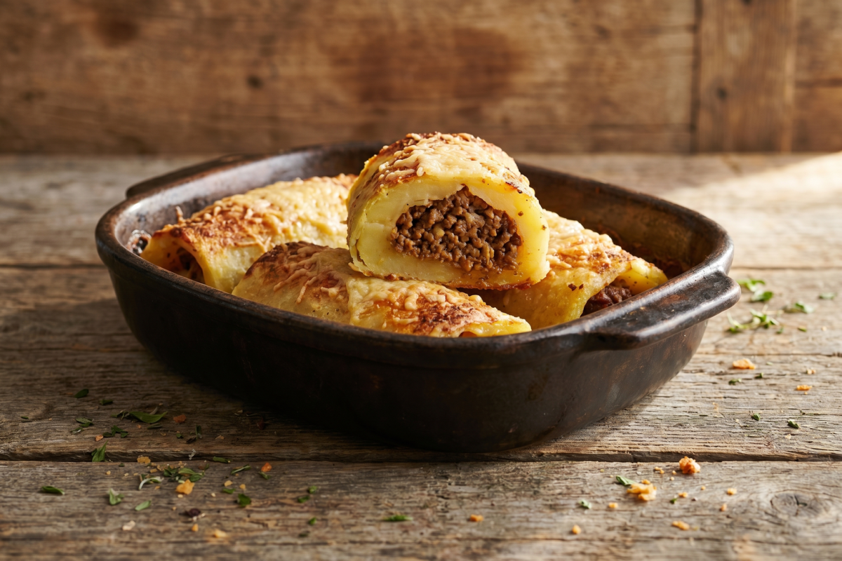 enrolado de carne moída dourado com queijo gratinado em assadeira, corte mostrando recheio suculento