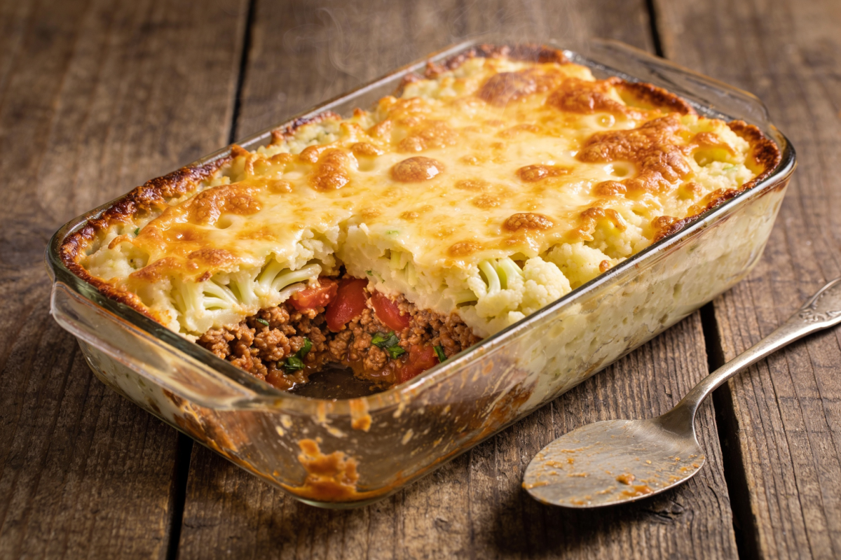 Escondidinho low carb cremoso gratinado com purê de couve-flor e recheio de carne moída em refratário de vidro