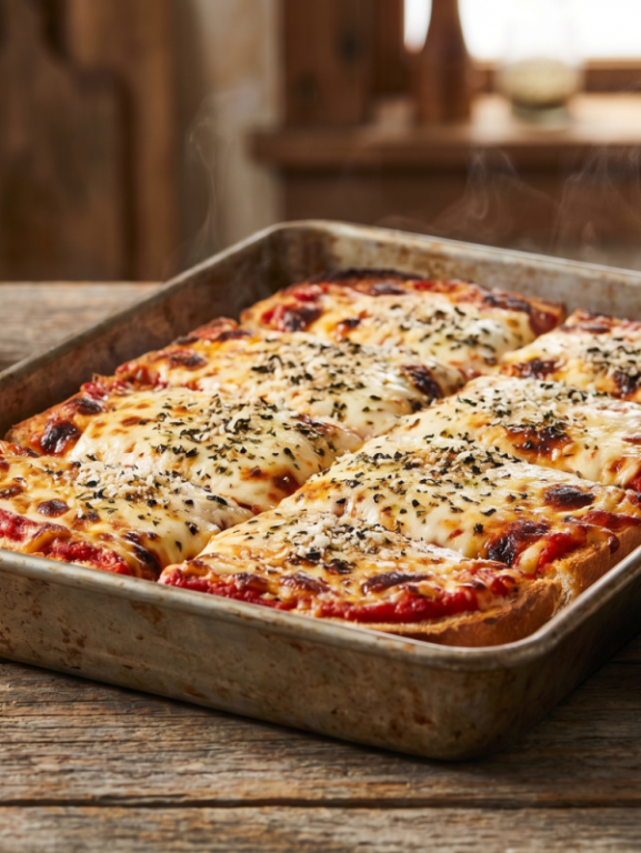 falsa pizza de pão de forma cremosa com queijo gratinado e molho de tomate em assadeira