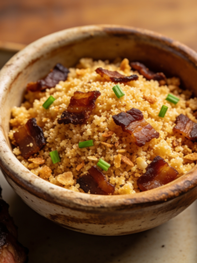 Farofa low carb de bacon crocante em tigela rústica, com farinha de amêndoas dourada, cubos de bacon defumado e salsinha verde picada