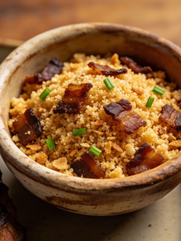 Farofa low carb de bacon crocante em tigela rústica, com farinha de amêndoas dourada, cubos de bacon defumado e salsinha verde picada