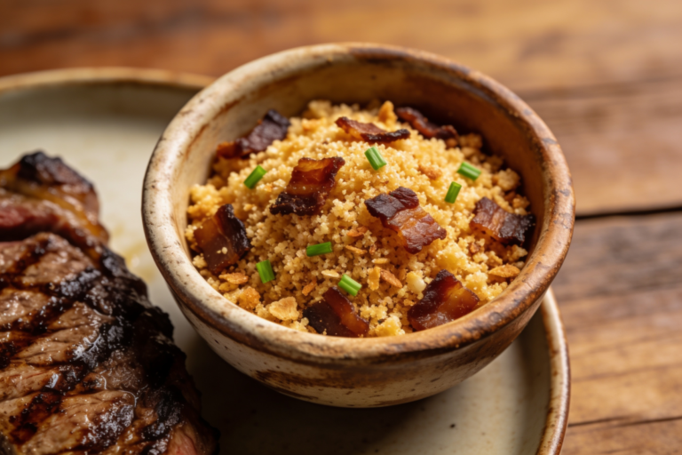 Farofa low carb de bacon crocante em tigela rústica, com farinha de amêndoas dourada, cubos de bacon defumado e salsinha verde picada