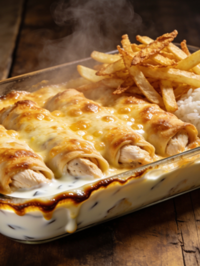 Frango com iogurte suculento gratinado com queijo parmesão dourado em travessa de vidro, acompanhado de arroz branco e batata palha
