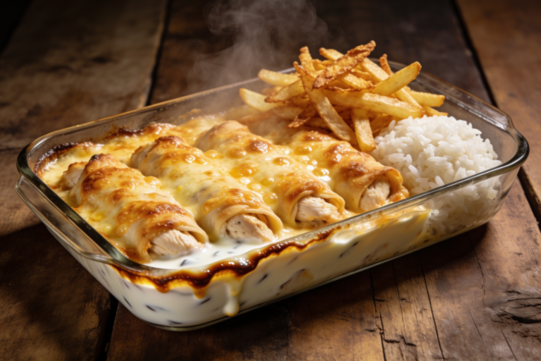 Frango com iogurte suculento gratinado com queijo parmesão dourado em travessa de vidro, acompanhado de arroz branco e batata palha