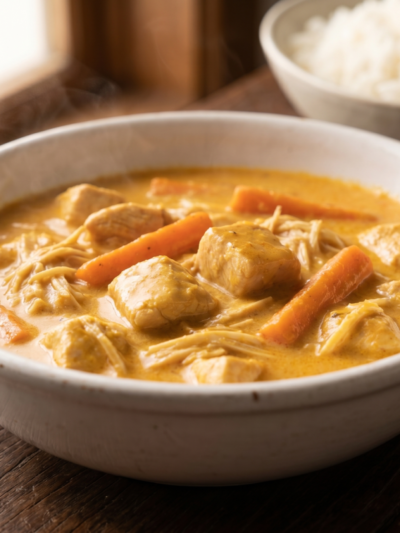 frango cremoso com palmito desfiado e cenoura em palitos servido em prato fundo branco com molho dourado