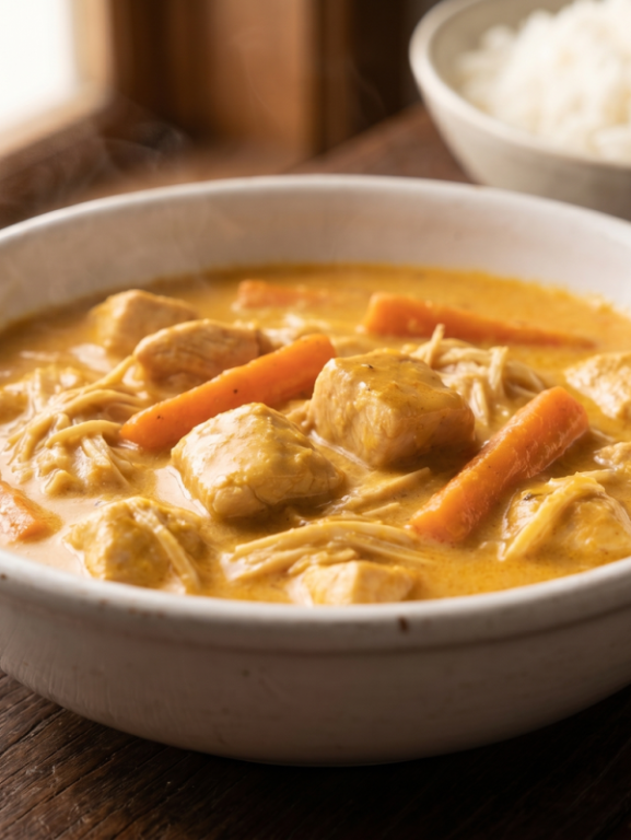 frango cremoso com palmito desfiado e cenoura em palitos servido em prato fundo branco com molho dourado