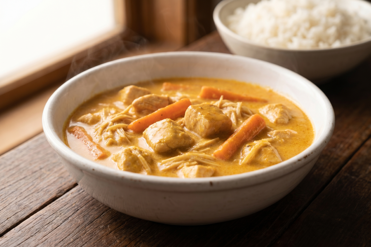 frango cremoso com palmito desfiado e cenoura em palitos servido em prato fundo branco com molho dourado