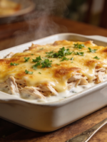 Frango desfiado ao molho branco cremoso gratinado com mussarela em travessa branca, finalizado com cheiro-verde