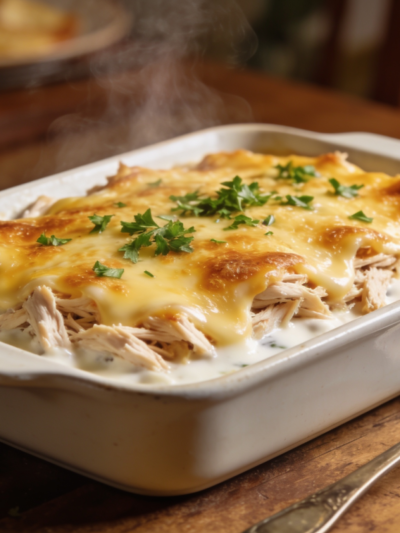 Frango desfiado ao molho branco cremoso gratinado com mussarela em travessa branca, finalizado com cheiro-verde