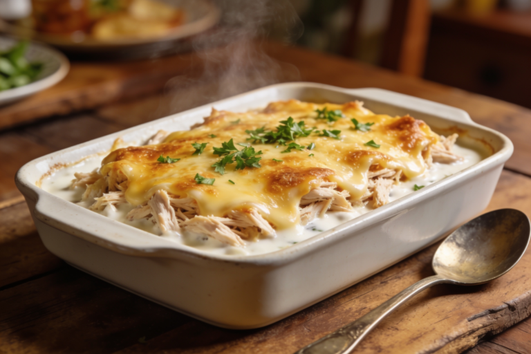 Frango desfiado ao molho branco cremoso gratinado com mussarela em travessa branca, finalizado com cheiro-verde