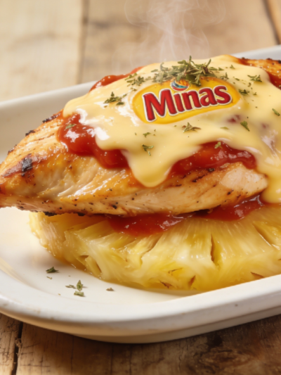 Frango grelhado com abacaxi, queijo minas derretido e molho de tomate em travessa branca