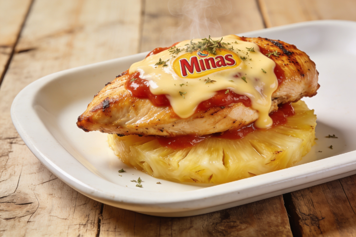 Frango grelhado com abacaxi, queijo minas derretido e molho de tomate em travessa branca
