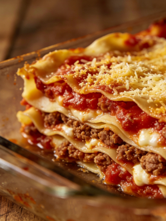 lasanha de bolacha água e sal com carne moída e queijo gratinado servida em prato branco