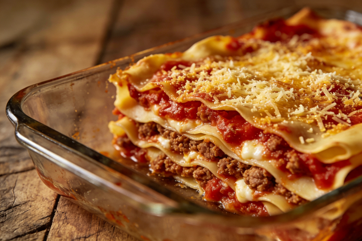 lasanha de bolacha água e sal com carne moída e queijo gratinado servida em prato branco