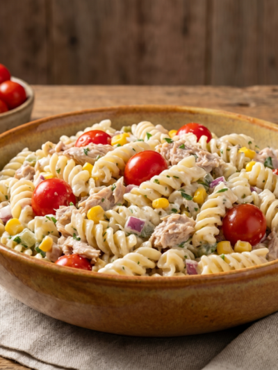 Macarrão de verão frio com atum, tomate cereja e azeitonas em tigela branca