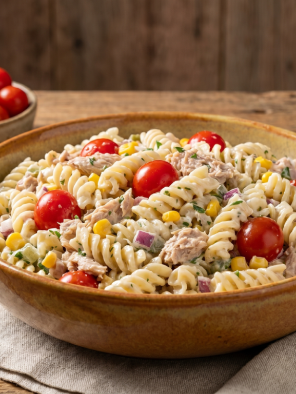 Macarrão de verão frio com atum, tomate cereja e azeitonas em tigela branca