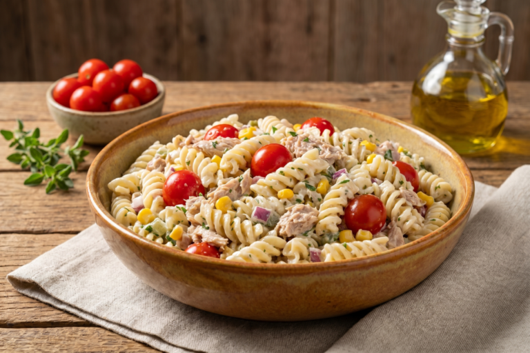 Macarrão de verão frio com atum, tomate cereja e azeitonas em tigela branca