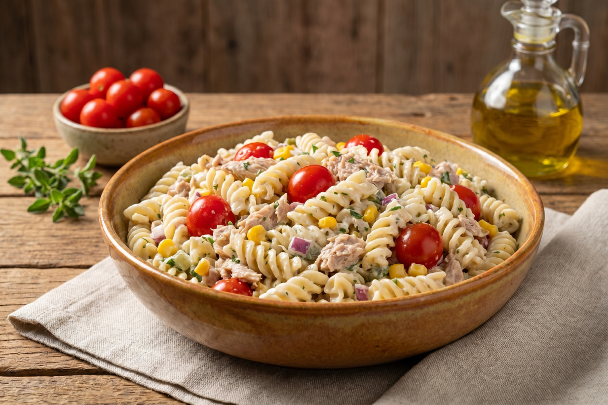 Macarrão de verão frio com atum, tomate cereja e azeitonas em tigela branca
