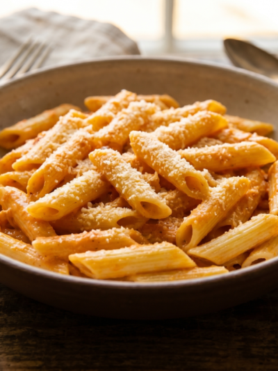 macarrão penne na pressão cremoso com presunto e mussarela derretida em travessa funda