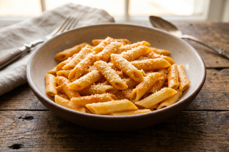 macarrão penne na pressão cremoso com presunto e mussarela derretida em travessa funda