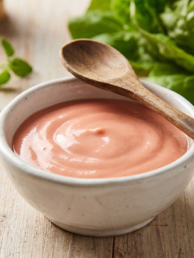 tigela com molho rose cremoso caseiro pronto para servir com salada
