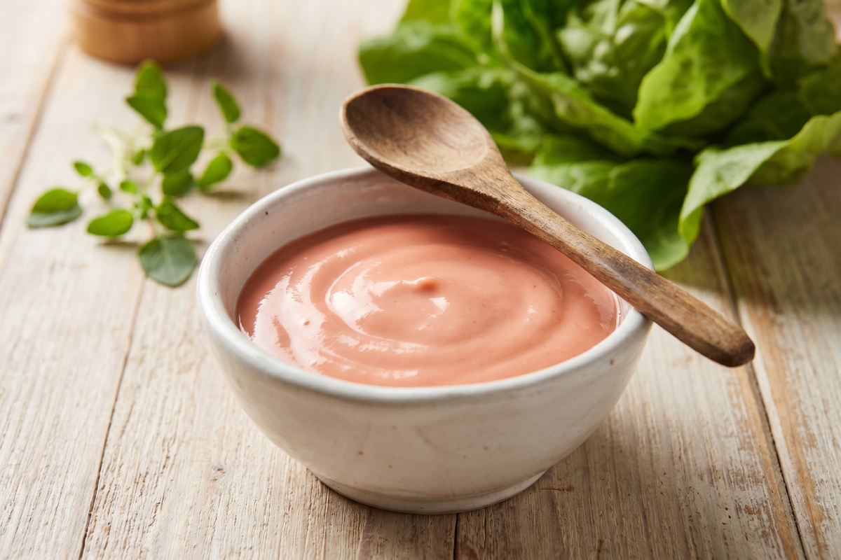 tigela com molho rose cremoso caseiro pronto para servir com salada