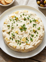 Mousse de abacaxi salgada cremosa desenformada em prato branco decorada com salsinha