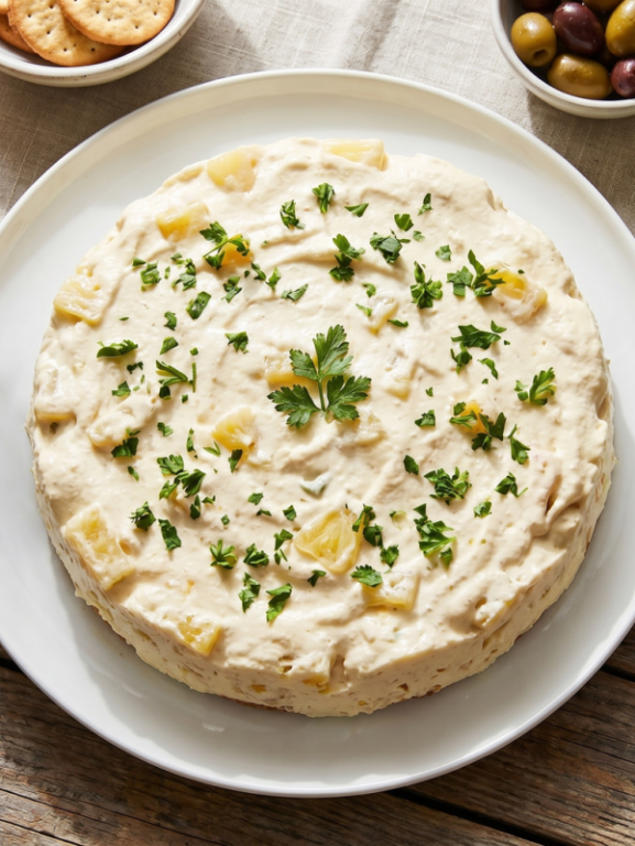 Mousse de abacaxi salgada cremosa desenformada em prato branco decorada com salsinha