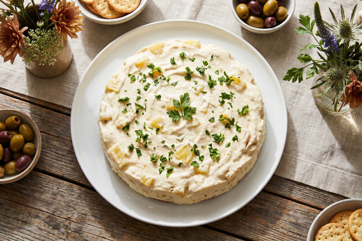 Mousse de abacaxi salgada cremosa desenformada em prato branco decorada com salsinha