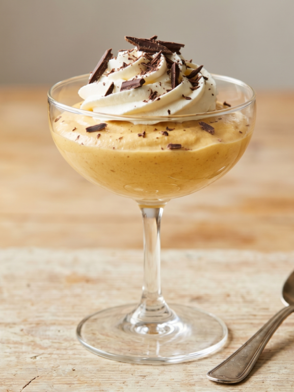 mousse de doce de leite cremosa servida em taça de vidro com raspas de chocolate por cima