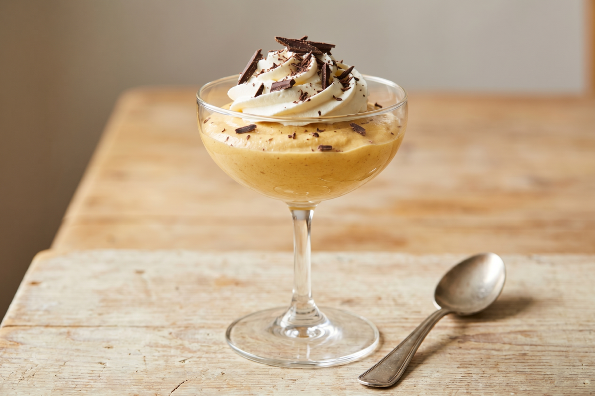 mousse de doce de leite cremosa servida em taça de vidro com raspas de chocolate por cima