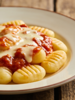 nhoque de batatas caseiro com molho bolonhesa e queijo parmesão ralado em prato fundo branco