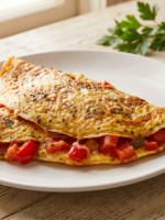 Omelete com aveia dourado e recheado com legumes frescos servido em prato branco