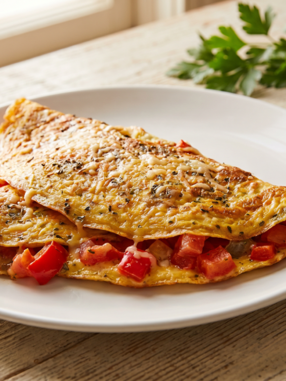 Omelete com aveia dourado e recheado com legumes frescos servido em prato branco