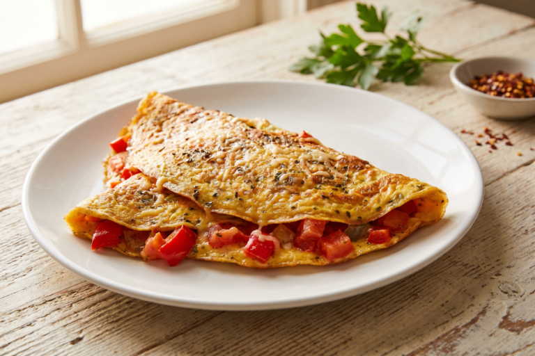 Omelete com aveia dourado e recheado com legumes frescos servido em prato branco
