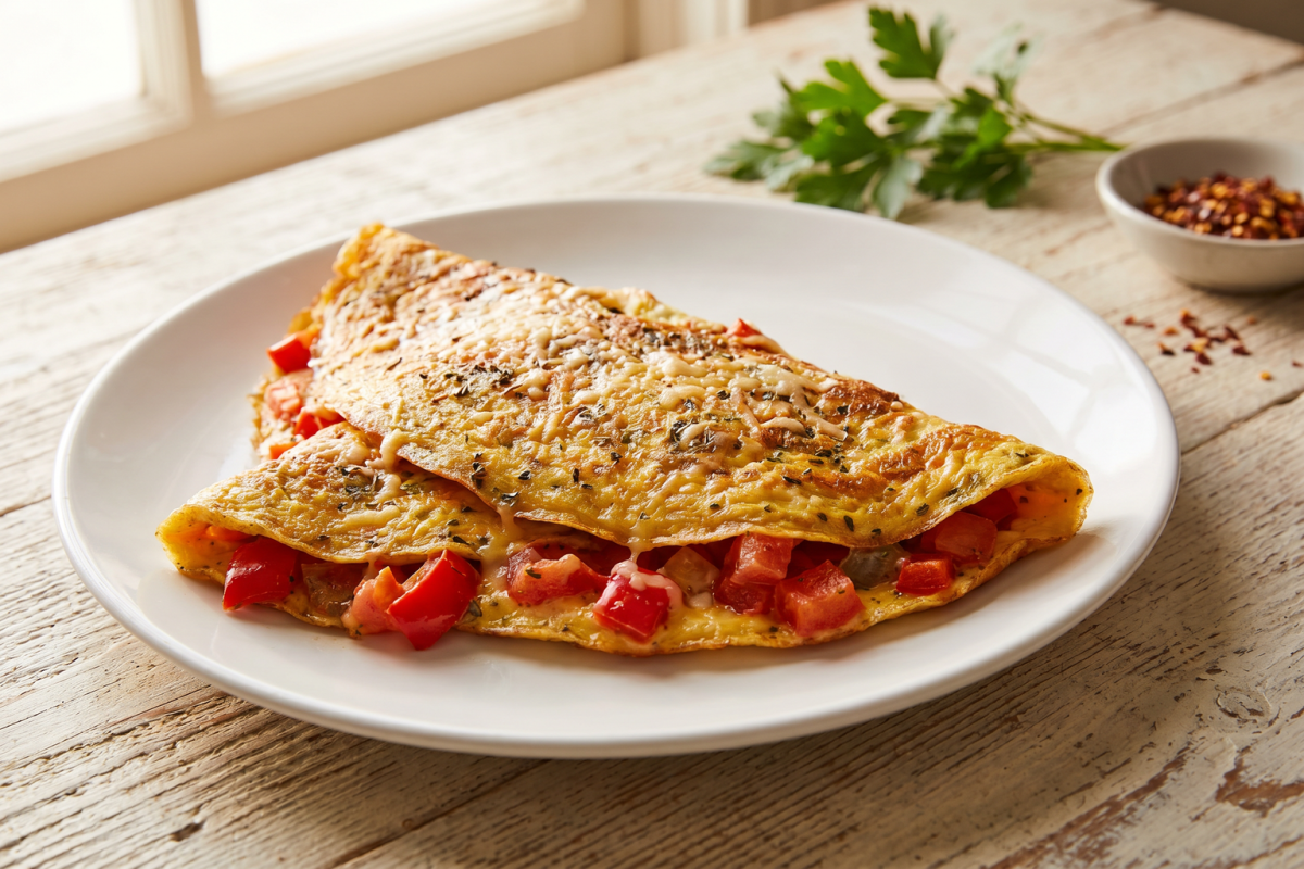 Omelete com aveia dourado e recheado com legumes frescos servido em prato branco
