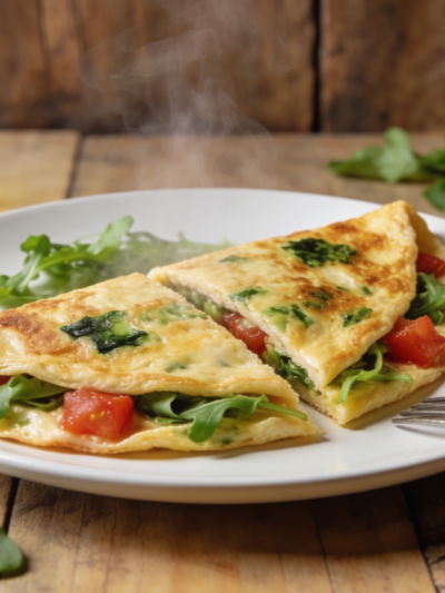 Omelete de rúcula e tomate fit dobrada em prato branco, com recheio colorido de folhas verdes e tomate vermelho, pronta para servir.