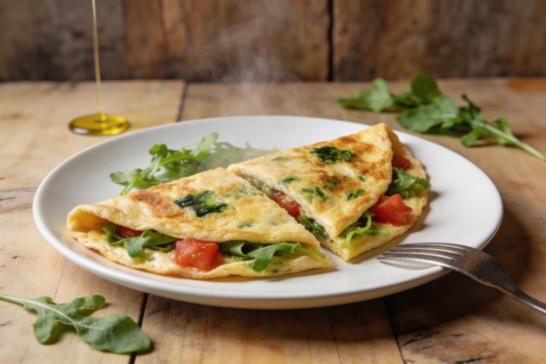 Omelete de rúcula e tomate fit dobrada em prato branco, com recheio colorido de folhas verdes e tomate vermelho, pronta para servir.